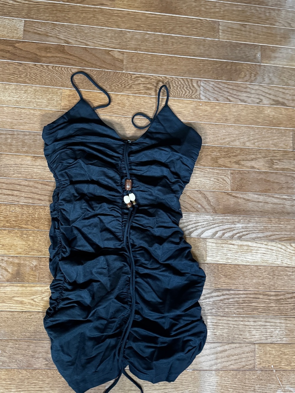 NWT: Zara Black Ruched Spaghetti-Strap Mini Dress with Bead Detail